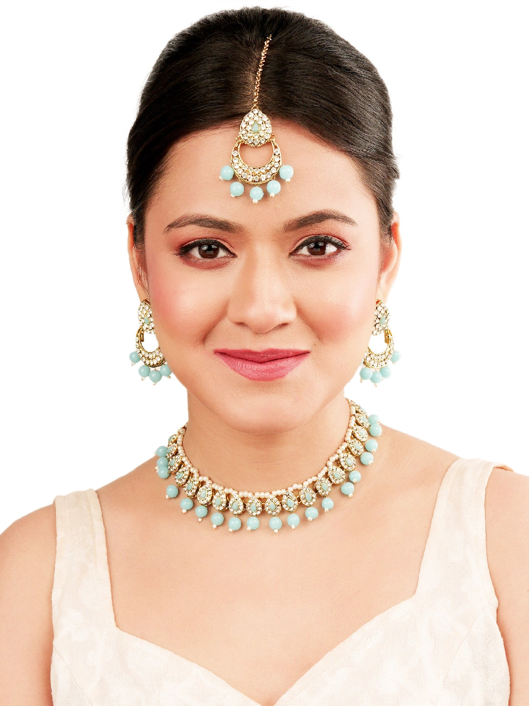 Gold Plated Sky Blue Beads Choker Neckalce Set